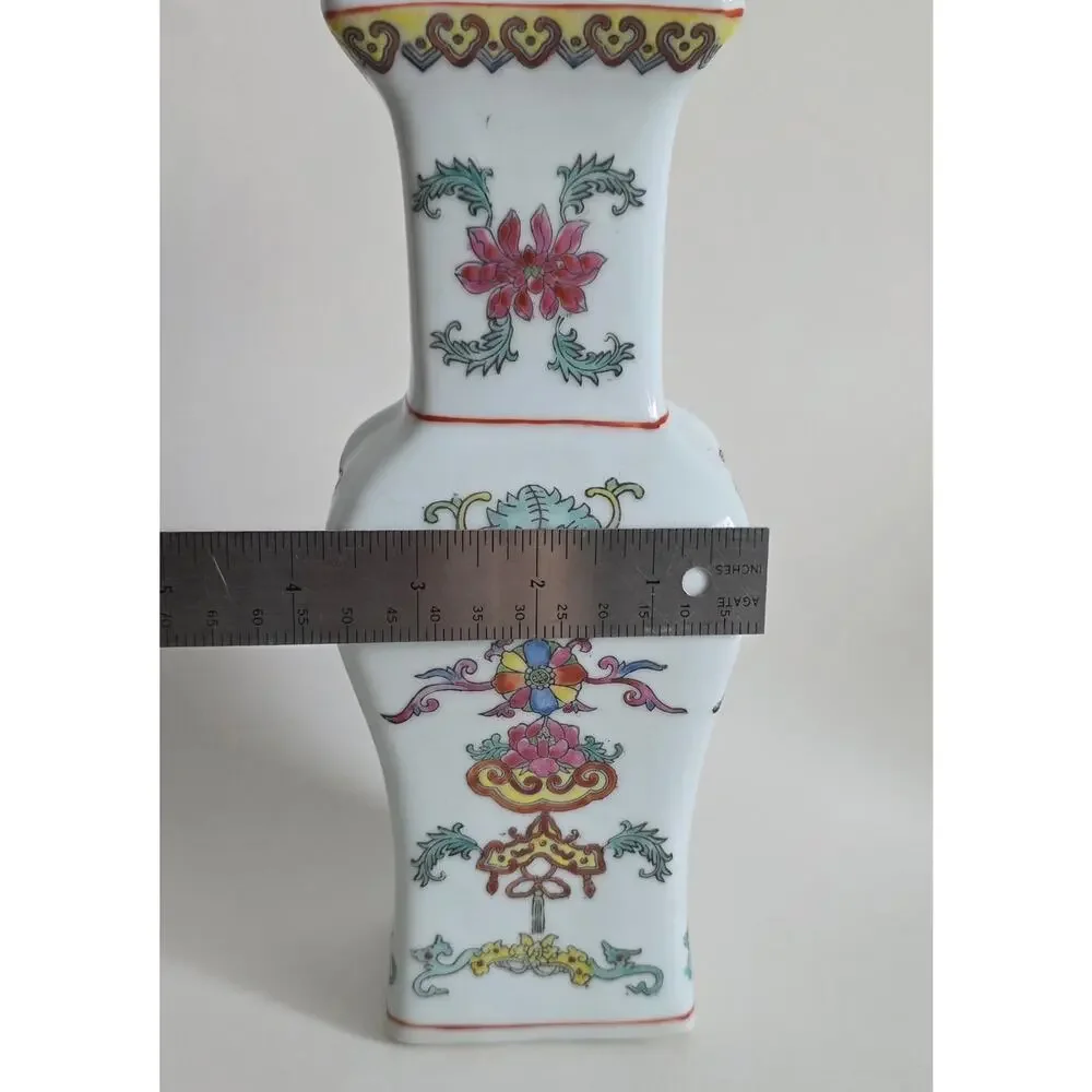 Chinese Porcelain Square Vase Hand Painted Floral Decor 10